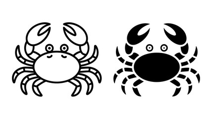 Cute Cartoon Crab Icons: Outline and Solid Black Vector Illustrations