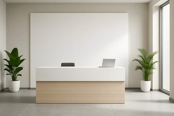 Minimalist Reception Desk with Laptop and Plants in Modern Office
