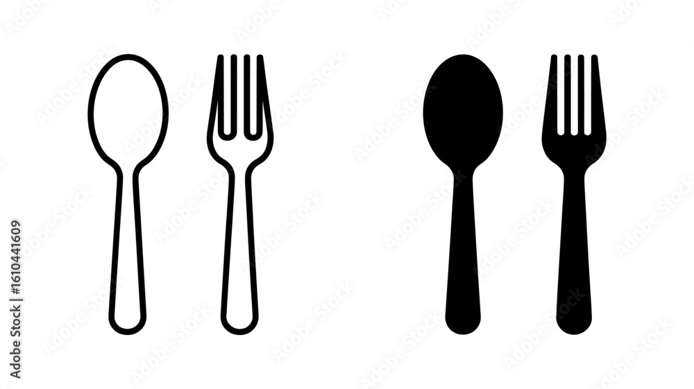 Poster vector art of a simple line art and solid black spoon and fork icons: restaurant menu design element