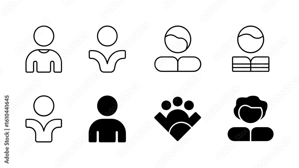 Poster collection of minimalist user profile icons: outline and solid styles, diverse representations.