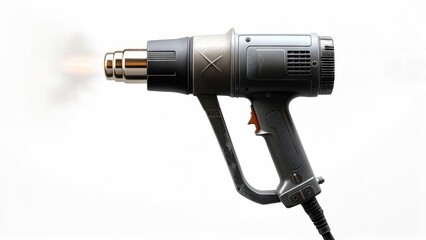Working heat gun with visible hot air stream against white background, isolated studio shot