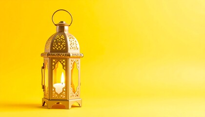 Ornate gold lantern with candle, bright yellow background