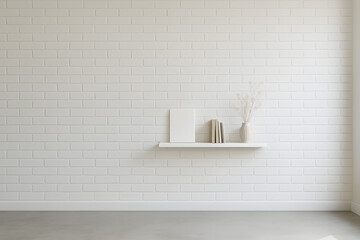 White Brick Wall with Shelf, Vase, and Blank Frame Decor