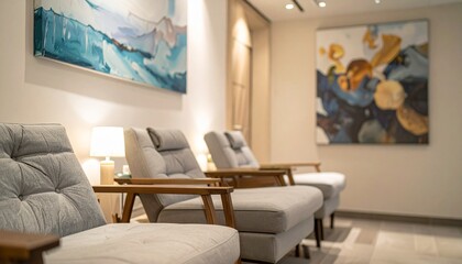 Premium Spa Lounge Decor with Comfortable Chairs, Serene Painting, and Elegant Tranquil Ambience for Wellness Retreat
