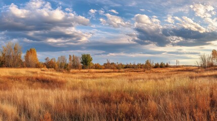 Obraz premium Panoramic view of an empty park grassland transitioning to autumn, warm hues of amber, gold, and brown grasses under a partly cloudy sky.