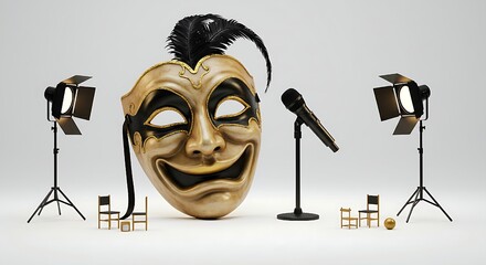 Theater mask / stage microphone object isolation on white background small stage props (chairs, lights)