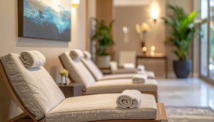 Elegant Spa Lounge Featuring Comfortable Seating and Calming Wall Art in a Tranquil, Peaceful, and Relaxing Atmosphere