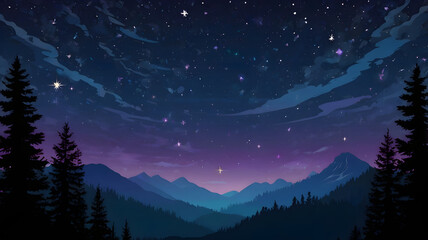 Night Sky Illustration with Stars and Clouds Over Mountains