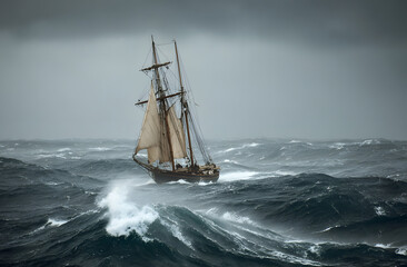 Obraz premium A wooden sailing ship navigates through rough ocean waters under a stormy sky