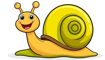 Happy cartoon snail with yellow shell and body, smiling