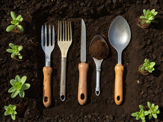 Gardening Tools in Soil with Fork, Spoon, and Trowel