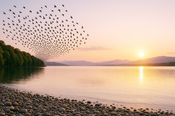 Flock of birds flying in formation over a tranquil lake at sunrise with pebbled shore and forested hills in soft golden light and peaceful background.