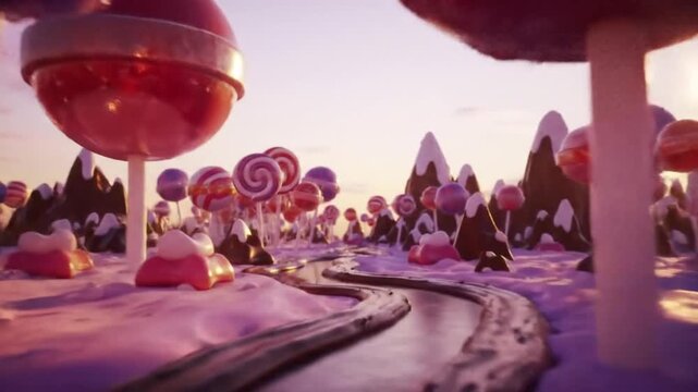 A whimsical fantasy landscape made of sweets, featuring a winding chocolate river, vibrant lollipop forests, and confectionery mountains