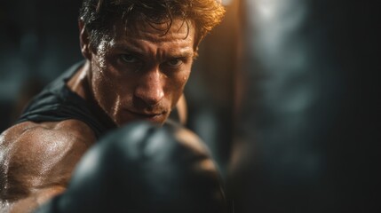 A determined athlete with wet hair wears boxing gloves, showcasing intense effort during physical training,