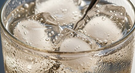 Close-up of a Refreshing Bubbly Drink with Ice Cubes in a Glass