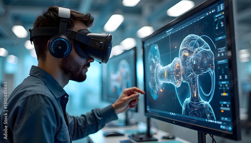 Aufkleber man wearing a virtual reality headset in front of a large computer monitor, engaging with interactiv