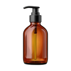 An amber glass bottle with a black pump dispenser isolated on transparent background, ideal for showcasing liquid soap or shampoo