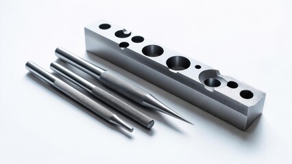 Precision metal dapping block and punches set for jewelry crafting and shaping on white studio background
