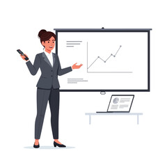 A businesswoman presents a growth chart on a projector screen during a business presentation.
