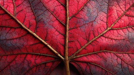 Deep red leaf vein texture with symmetrical elements, designed for nature-themed projects, digital backgrounds, and biological education visuals.