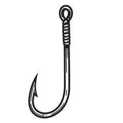 Detailed black and white illustration of a vintage fishing hook in hand drawn art