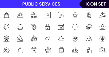 Public services vector line icons featuring healthcare, emergency, education, transportation, sanitation, government buildings, community support, utilities, and social welfare symbols.