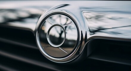 Close-up of a vintage car's chrome emblem reflecting a tree and sky