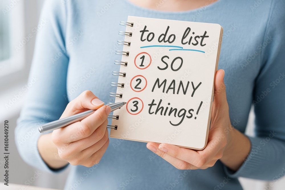 Poster close-up of person holding notebook with handwritten humorous to-do list on light background, repres