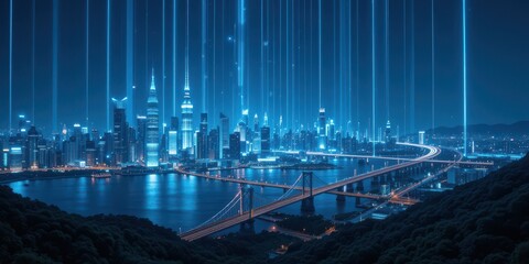 Futuristic cityscape illuminated with vibrant lights and data streams concept