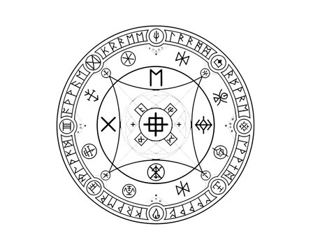 Illustration of a complex circular sigil with runes, symbols, and geometric shapes on a white background.