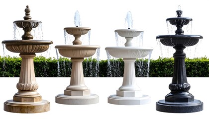 Fototapeta premium Four tiered stone fountains, various colors, before a green hedge