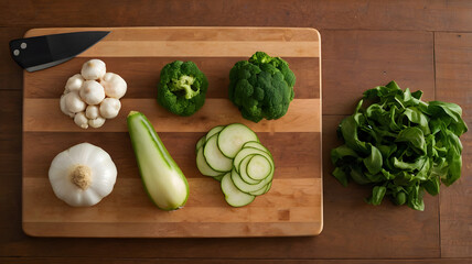 Wooden Cutting Board with Fresh Green Vegetables