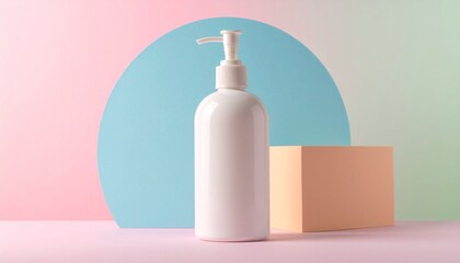 Artistic Mockup of Blank Soap Bottle for Hygiene or Cosmetic Packaging with Soft Pastel Gradient Background and Elegant Aesthetic
