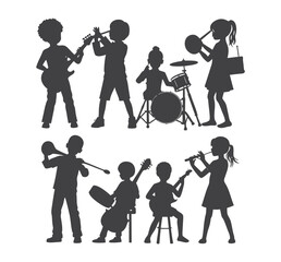 Children playing musical instruments in a band silhouette isolated on white background