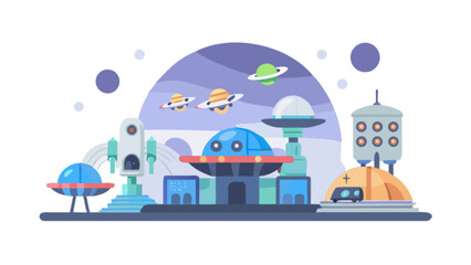 Explore futuristic alien landscape with ufo spaceships and planets vector illustration for kids and adults