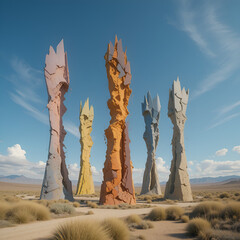 An artistic representation of the Big Five personality traits as five towering abstract sculptures in a serene landscape, each symbolizing openness, conscientiousness,