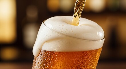 Close-up of golden beer being poured into a glass, creating a frothy head