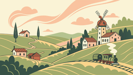 Vintage countryside landscape with train, windmill and houses vector illustration design for graphic design