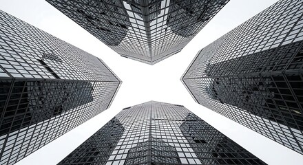 Worm's eye view of four glass skyscrapers converging towards the center against a white sky backdrop