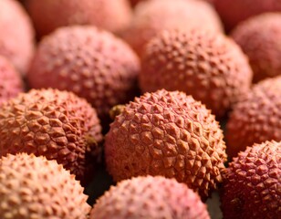 Exotic lychee fruit macro showing textured rind and vibrant pink hues closeup view