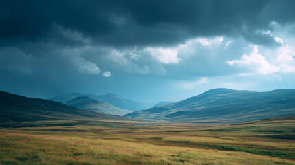 Highland plain with storm clouds moving fast