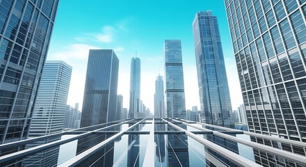 Obraz premium View of tall buildings and skyscrapers in a city with a blue sky from a high vantage point location