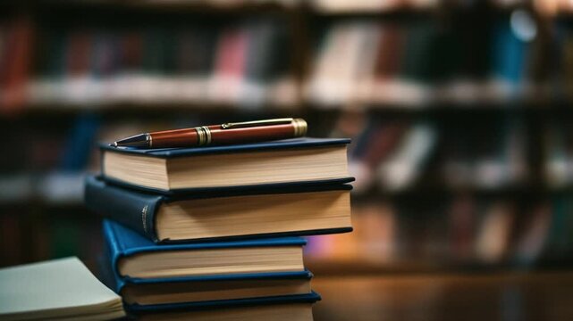 A stack of books with a pen on top, set in a cozy library atmosphere.