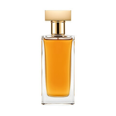 Rectangular glass bottle with golden cap and amber liquid isolated on a transparent background image