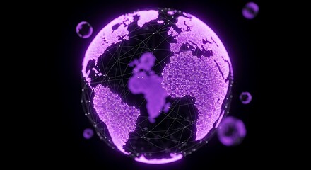 A glowing purple world globe with connecting lines and floating spheres on a black background