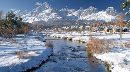 Winter landscape snow covered river and mountains