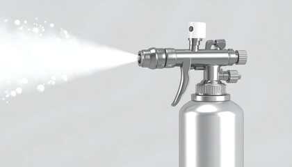 Silver spray can with nozzle emitting a white mist