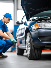 Selective focus on a car in foreground with auto mechanic repairing other car in blurry background.