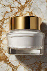 Face Cream Jar with Golden Lid on Marble