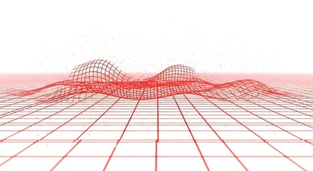 Red wireframe landscape with grid pattern on a white background in a futuristic style scene view